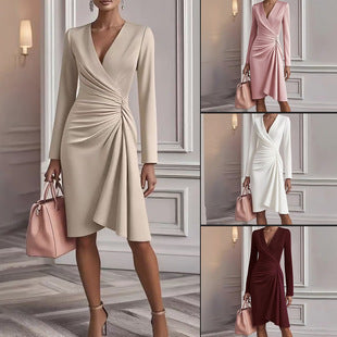 Women's Elegant Ruched V-Neck Midi Dress – Fitted A-Line Silhouette