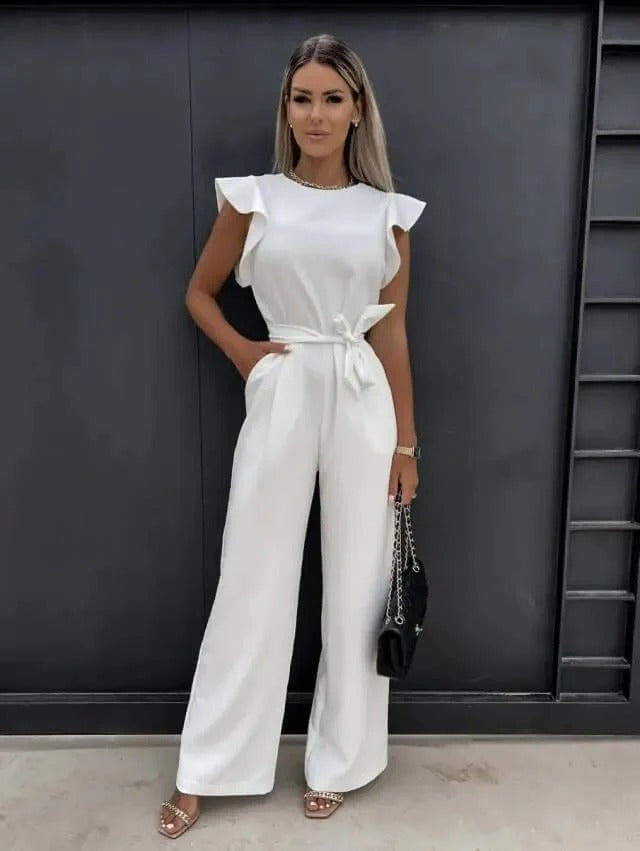 Women's Butterfly Sleeve Jumpsuit – Belted Wide Leg Elegant Style