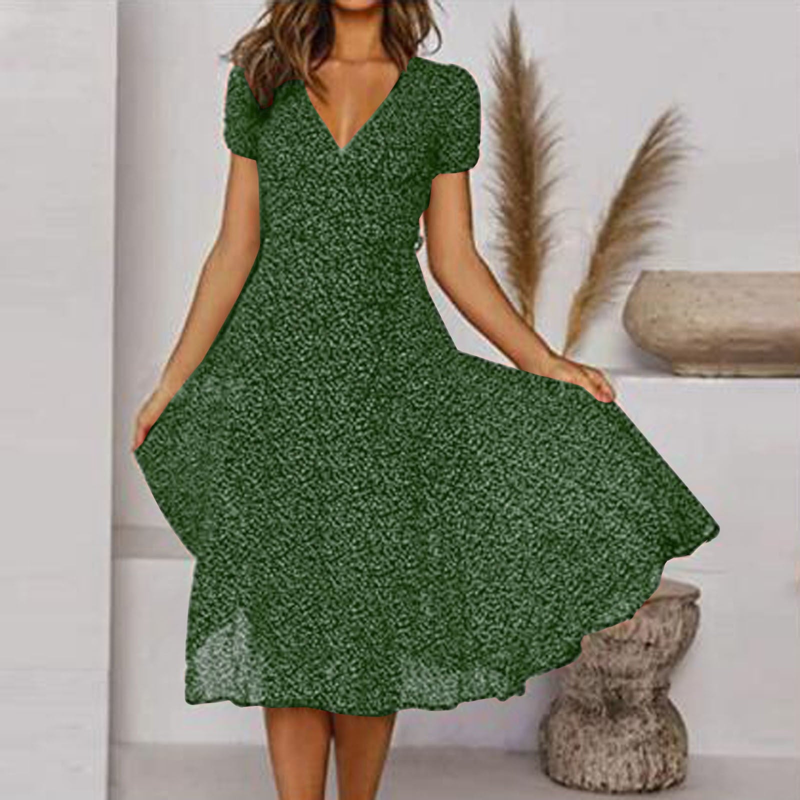Women's Elegant Flared V-Neck Midi Dress – Flattering Lightweight Fit