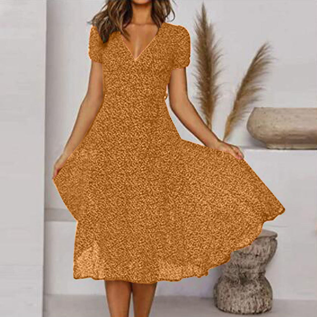 Women's Elegant Flared V-Neck Midi Dress – Flattering Lightweight Fit