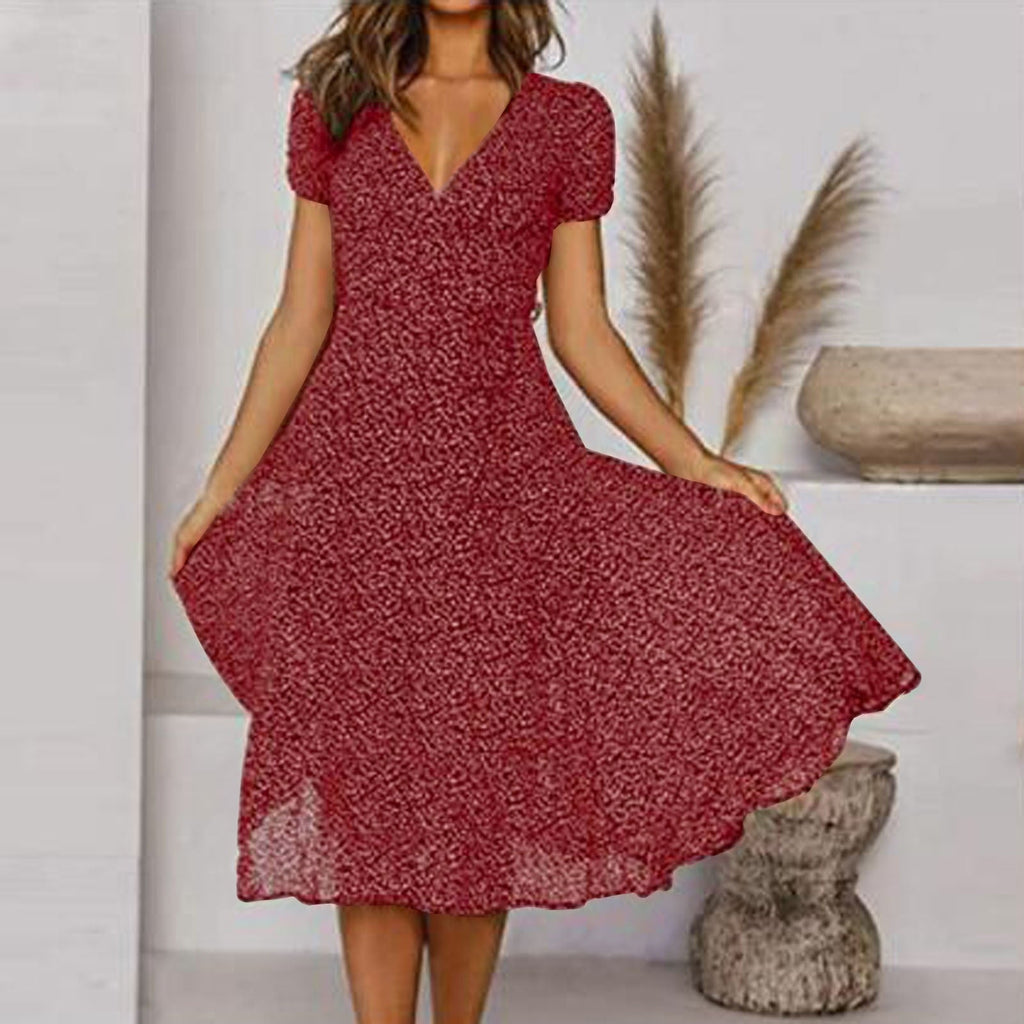 Women's Elegant Flared V-Neck Midi Dress – Flattering Lightweight Fit