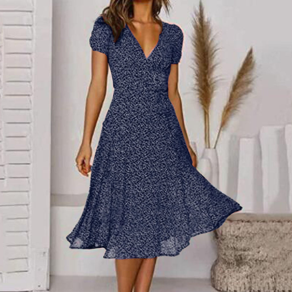 Women's Elegant Flared V-Neck Midi Dress – Flattering Lightweight Fit