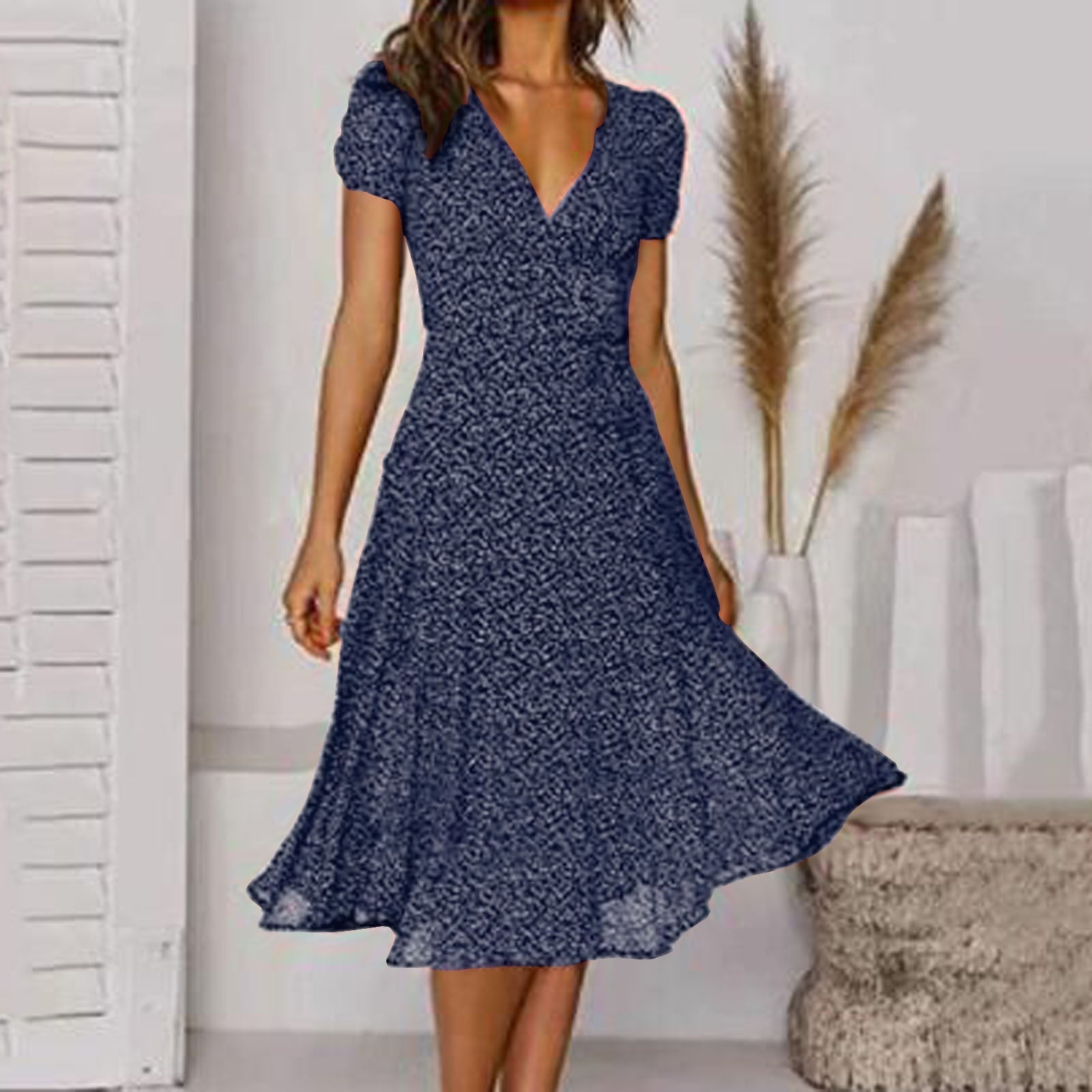 Women's Elegant Flared V-Neck Midi Dress – Flattering Lightweight Fit