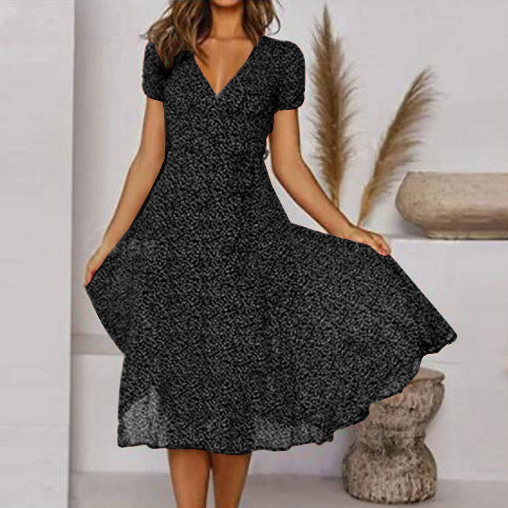 Women's Elegant Flared V-Neck Midi Dress – Flattering Lightweight Fit