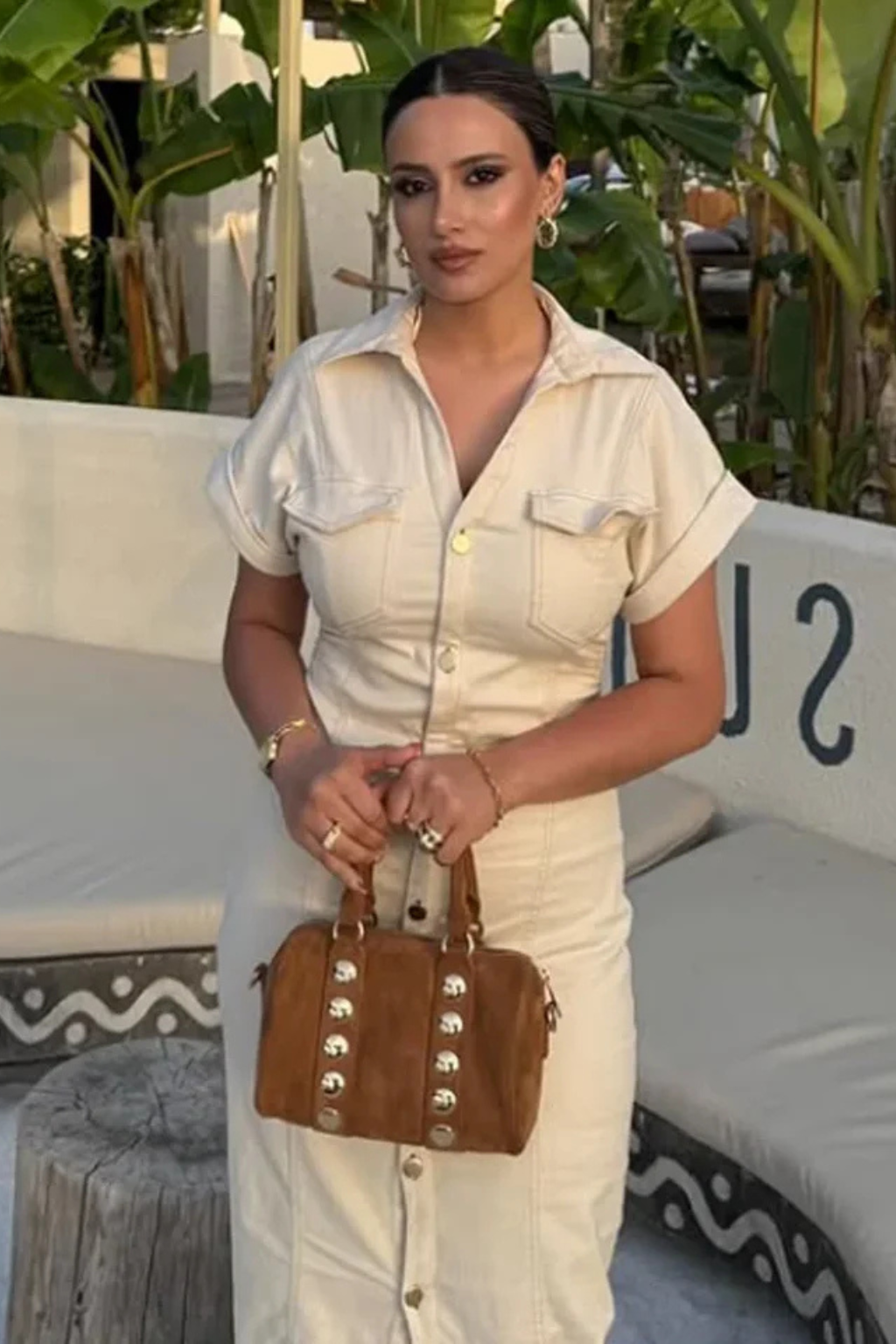 Women's Fitted Denim Midi Shirt Dress – Button-Through Short Sleeve Style