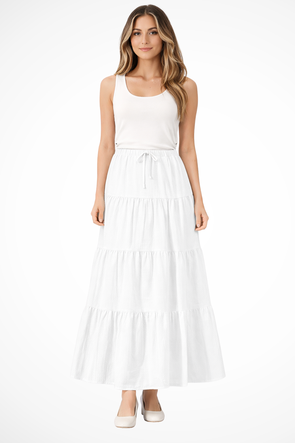 Women's Tiered Boho Maxi Skirt – Elastic Drawstring Waist Style