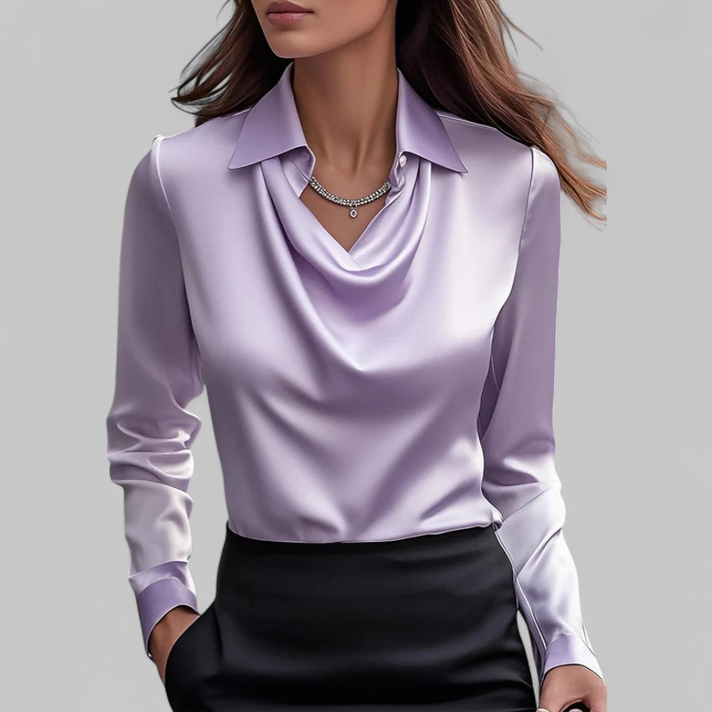 Women's Draped Neck Satin Blouse – Elegant Long Sleeve Style