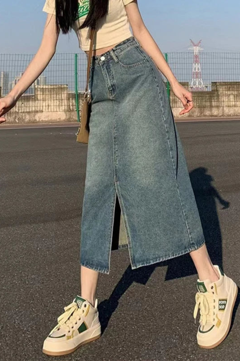 Women's A-Line Denim Maxi Skirt – High Waist Front Split Style