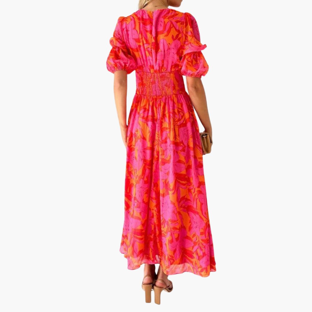 Women's Elegant Maxi Dress – V-Neck Puff Sleeve Feminine Style