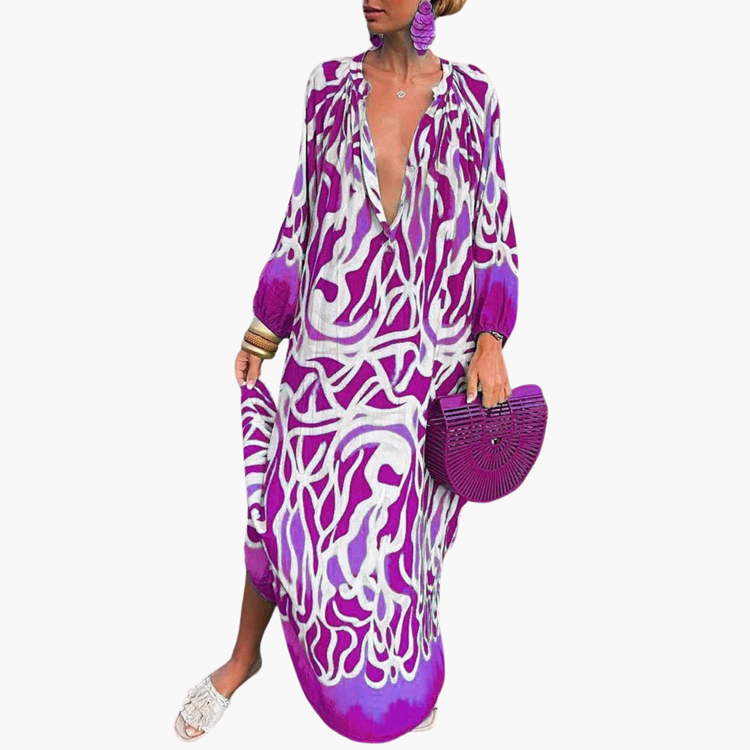 Women's Boho Maxi Dress – Green Floral Print Flowy Summer Style