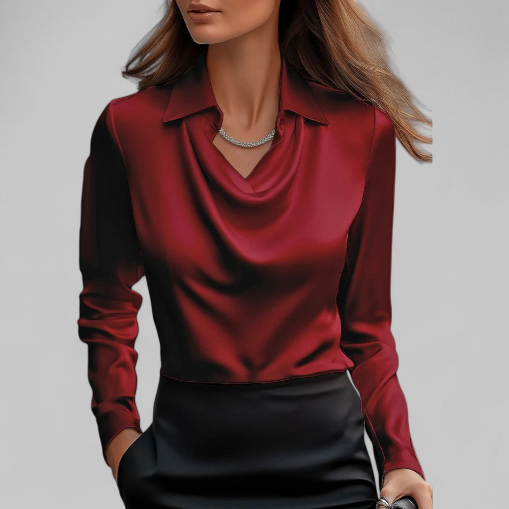 Women's Draped Neck Satin Blouse – Elegant Long Sleeve Style