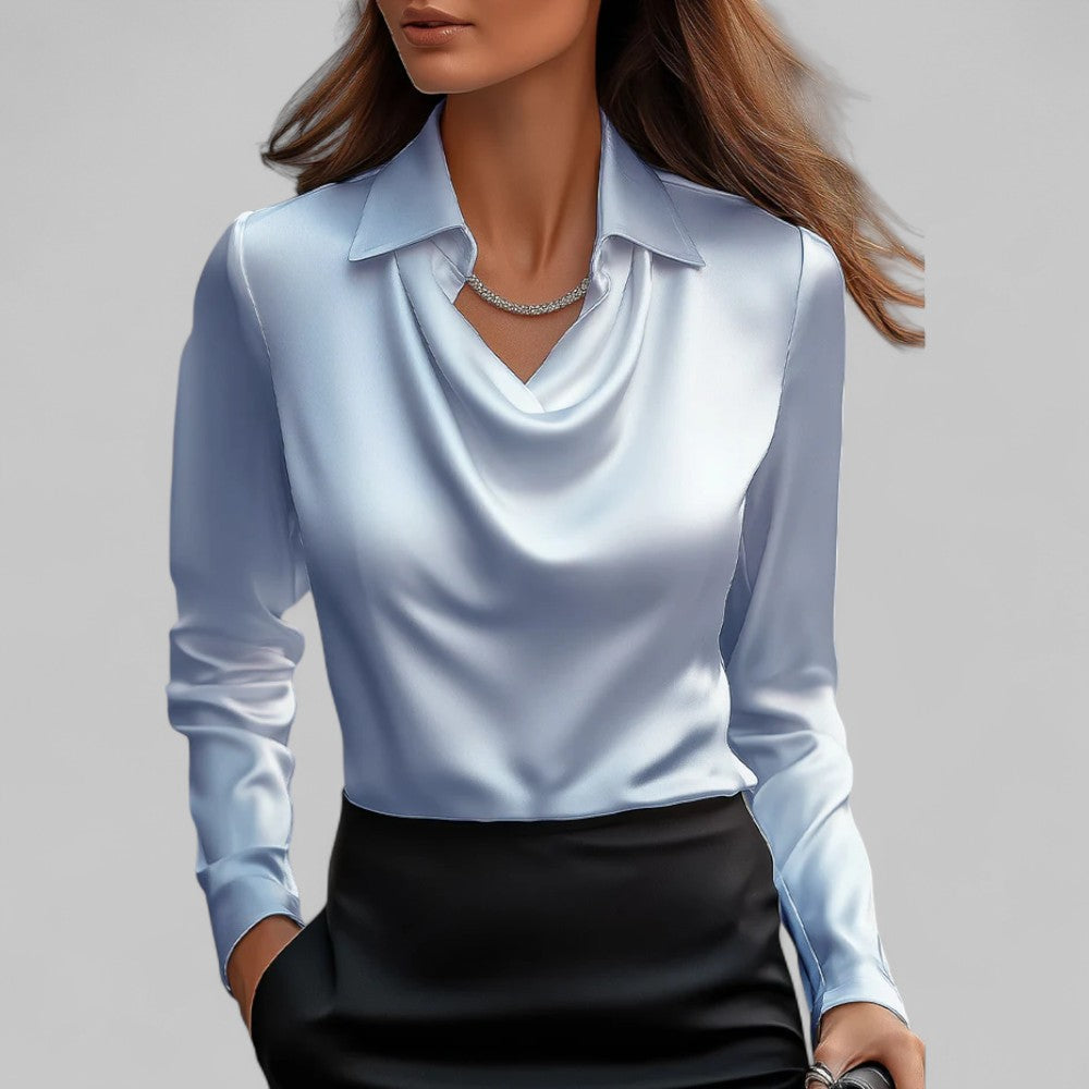 Women's Draped Neck Satin Blouse – Elegant Long Sleeve Style