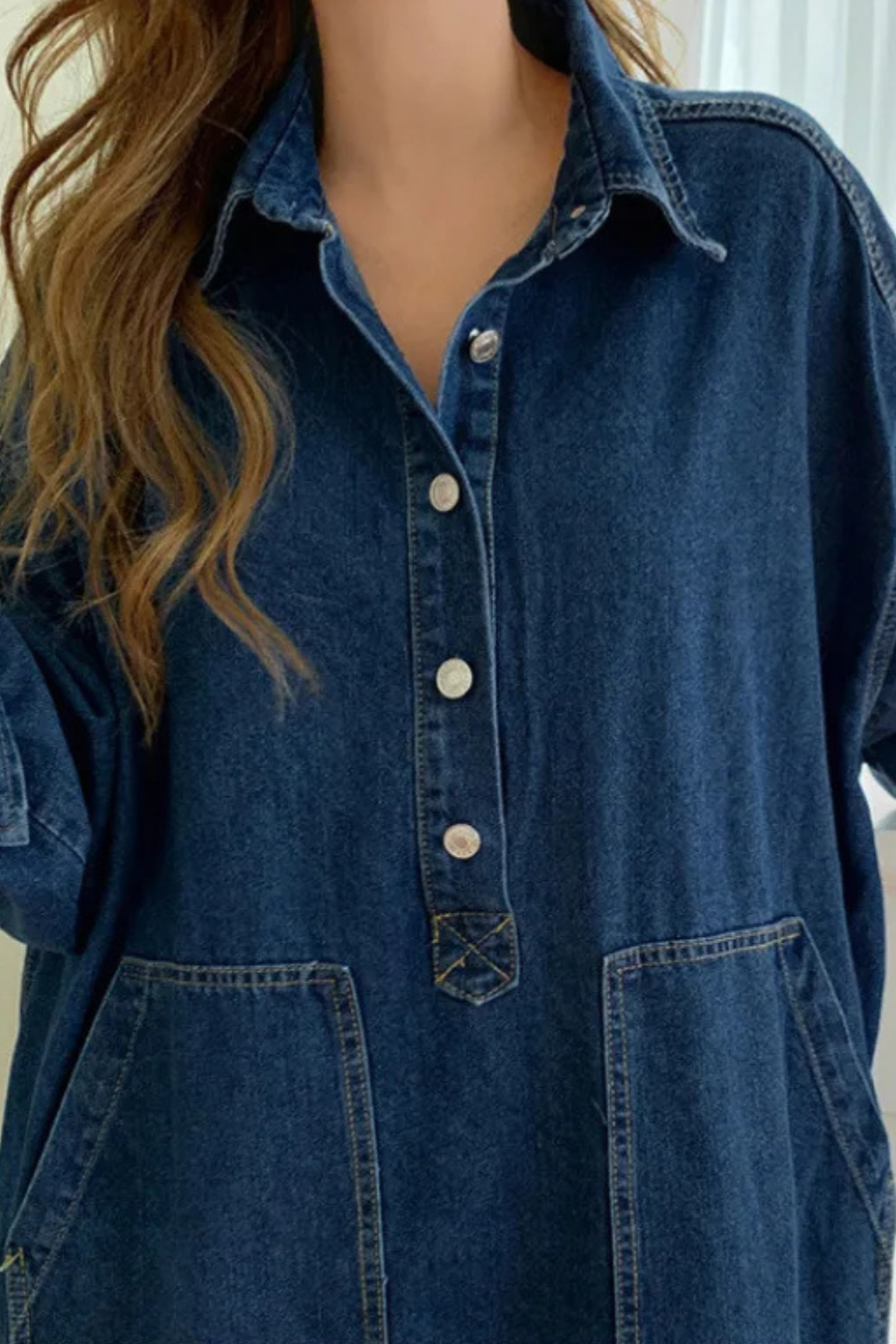 Women's Oversized Collared Denim Maxi Dress – Long Sleeve Pocket Style
