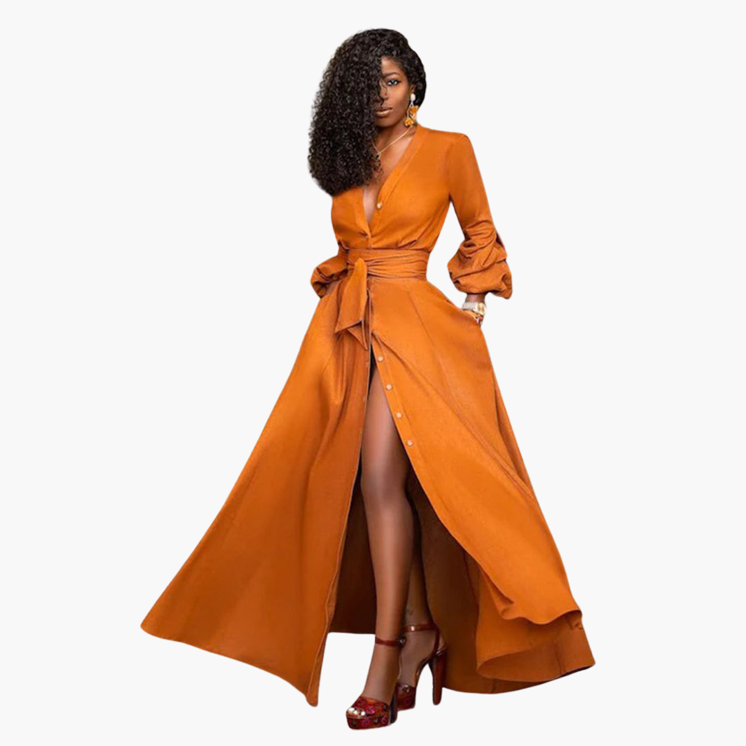 Women's Belted Maxi Dress – Elegant Waist-Defining Long Dress