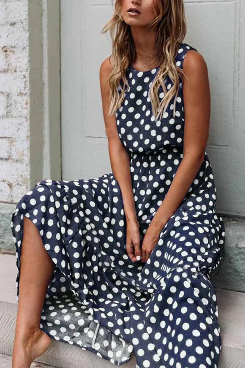 Women's Sleeveless Polka Dot Maxi Dress – Relaxed Fit Casual Everyday Style