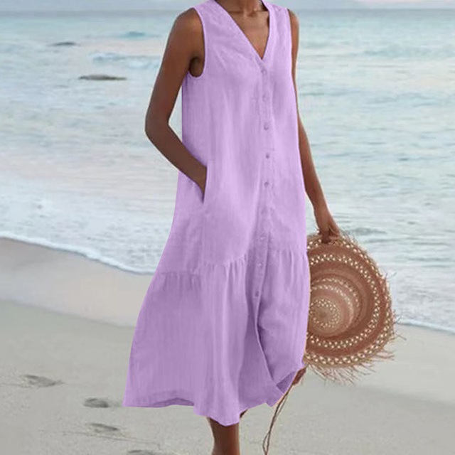 Women's Sleeveless Linen Dress – Button-Front Loose Fit Breathable Summer