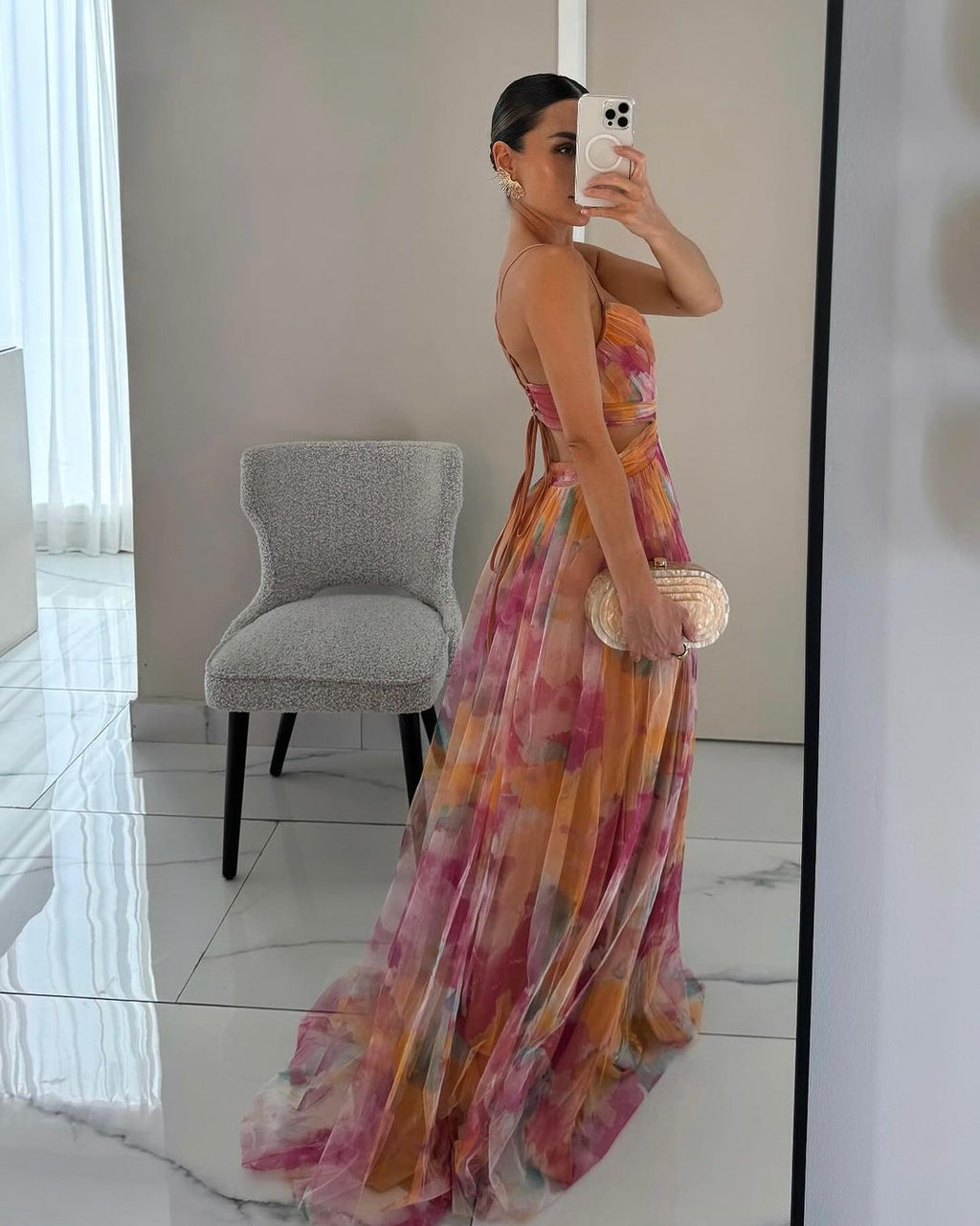 Women's Printed Maxi Dress – Elegant Lace-Up Detail Chic Long Style