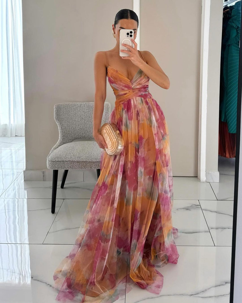 Women's Printed Maxi Dress – Elegant Lace-Up Detail Chic Long Style