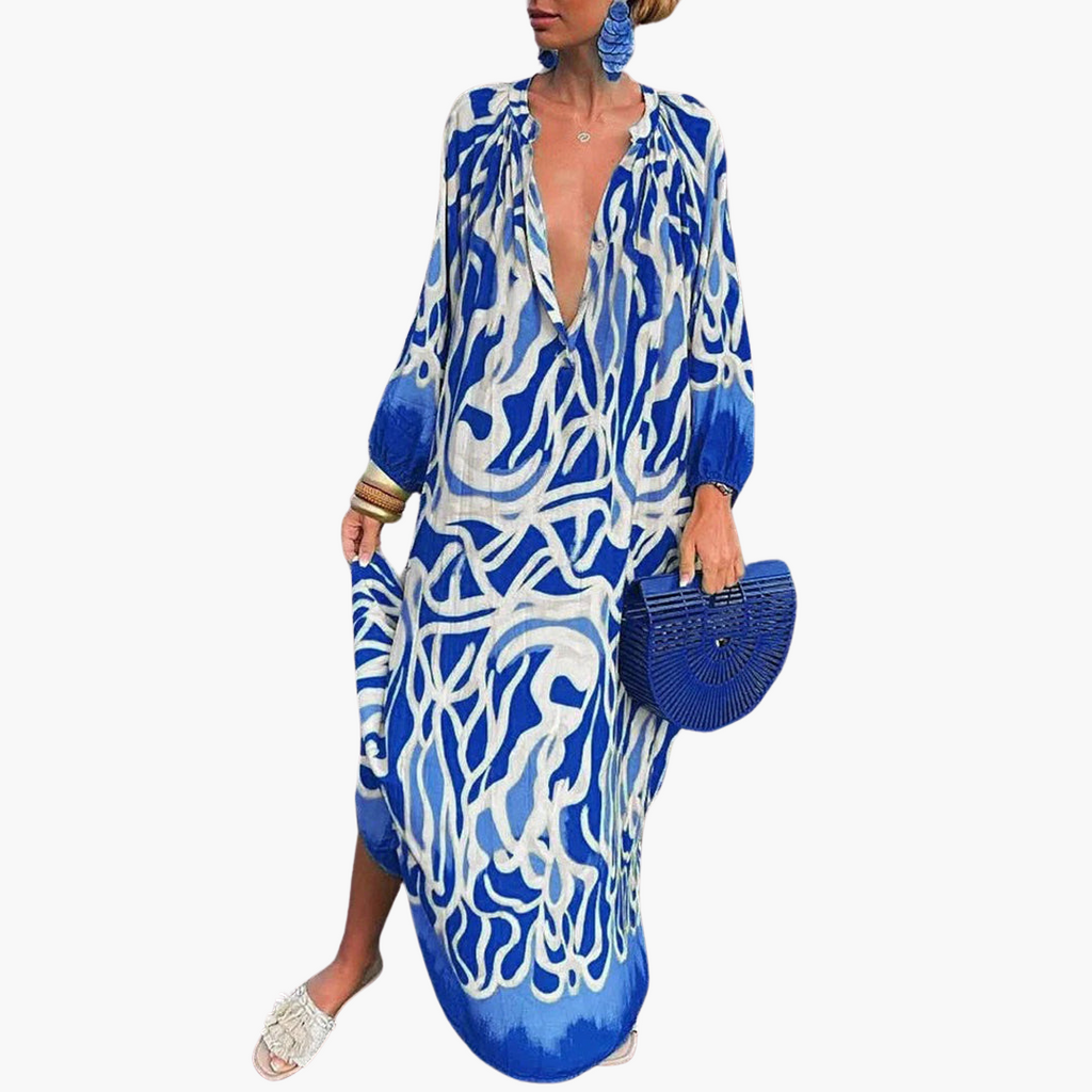 Women's Boho Maxi Dress – Green Floral Print Flowy Summer Style