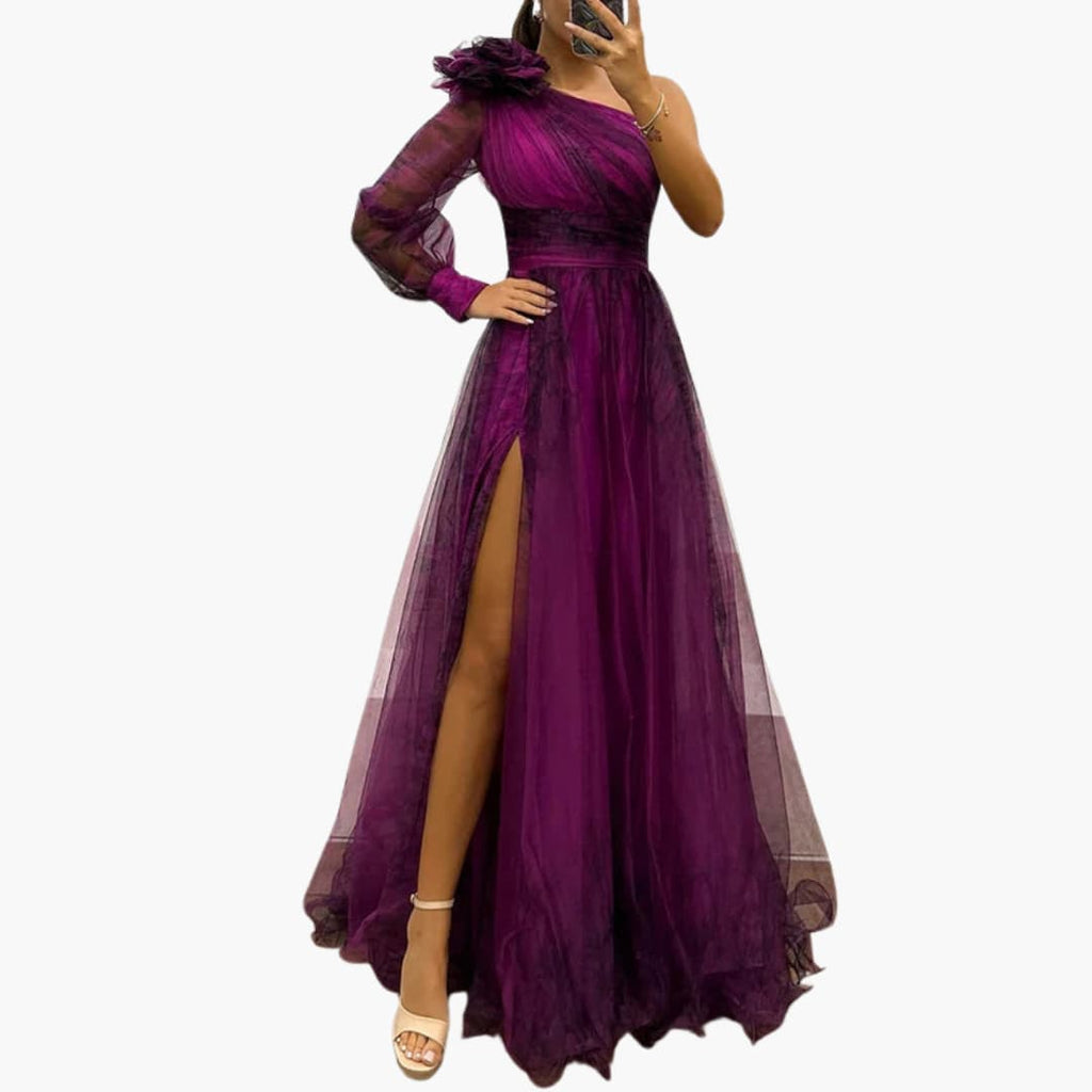 Women's One-Shoulder Maxi Dress – Mesh Print Elegant Evening Gown