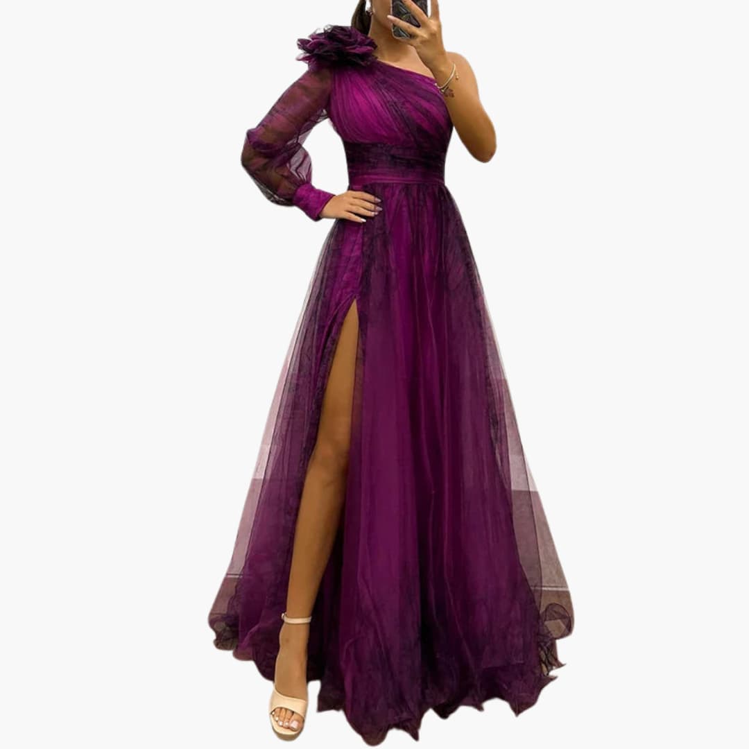 Women's One-Shoulder Maxi Dress – Mesh Print Elegant Evening Gown