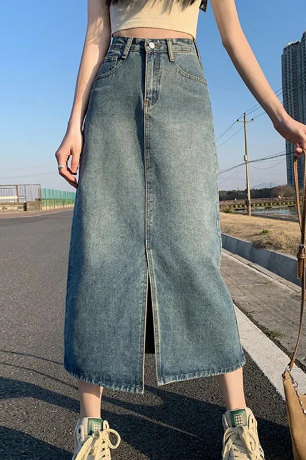 Women's A-Line Denim Maxi Skirt – High Waist Front Split Style