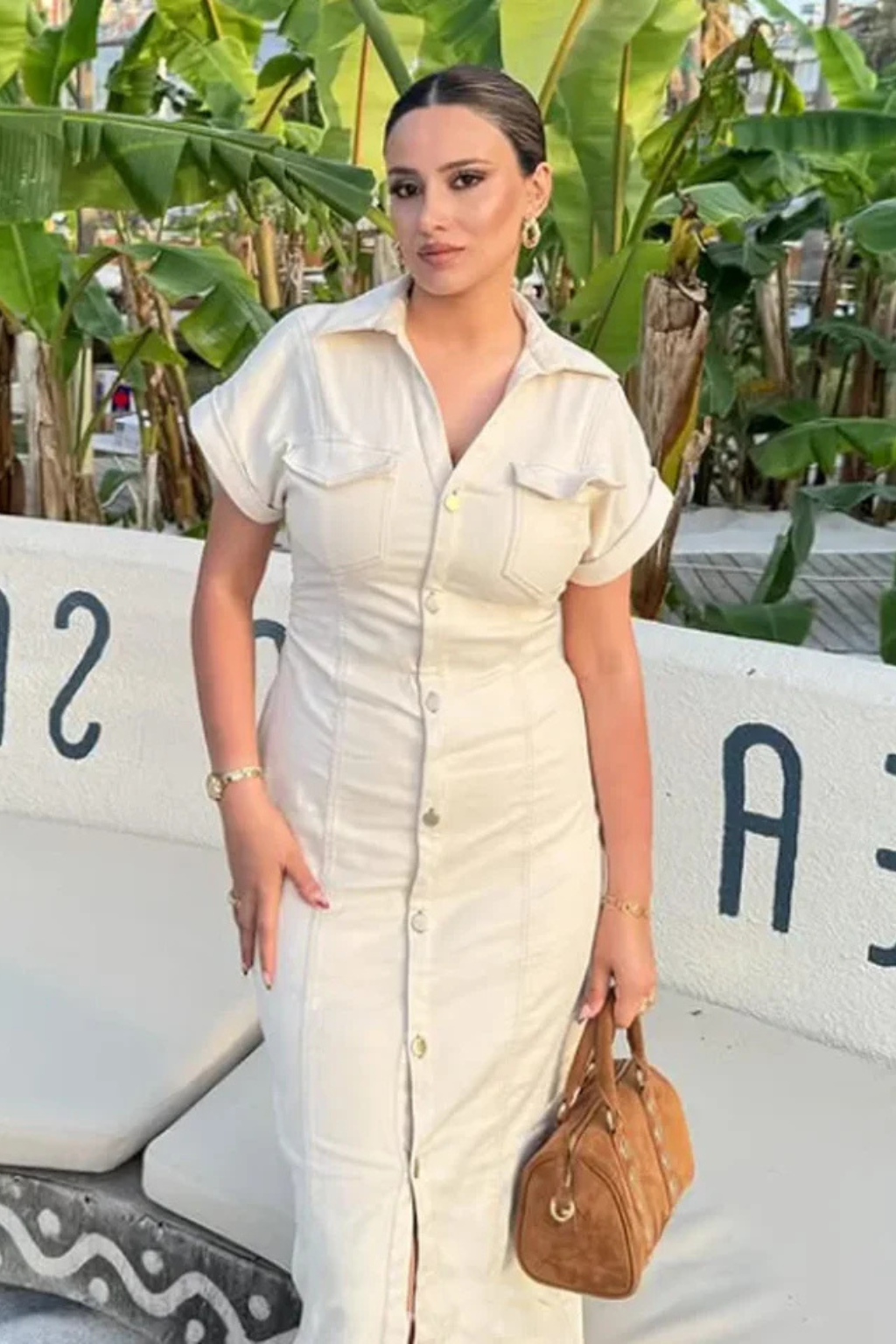 Women's Fitted Denim Midi Shirt Dress – Button-Through Short Sleeve Style