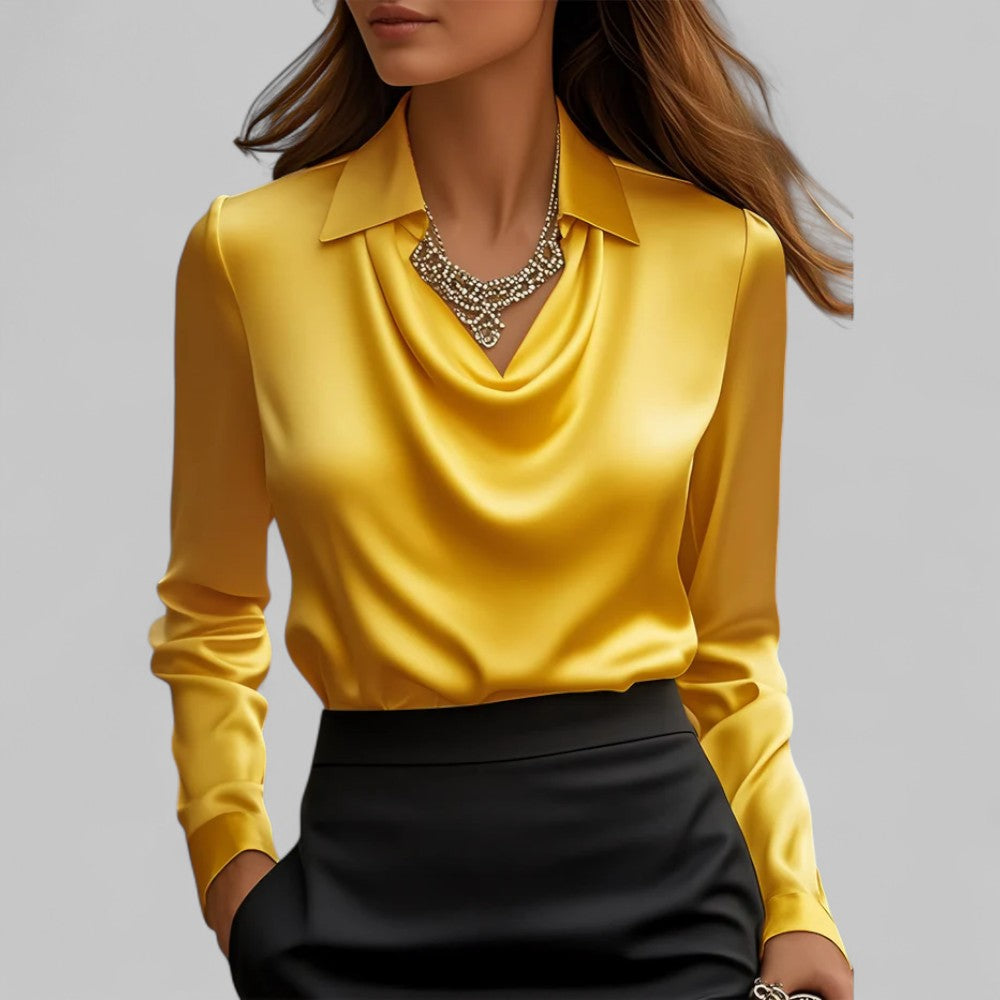 Women's Draped Neck Satin Blouse – Elegant Long Sleeve Style