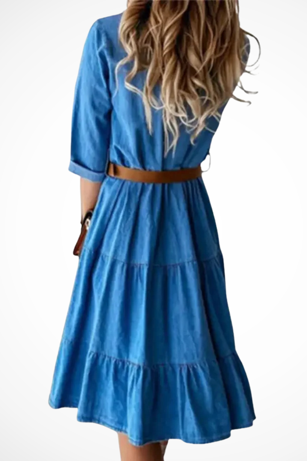Women's Denim Tiered Midi Shirt Dress – Belted Casual Style