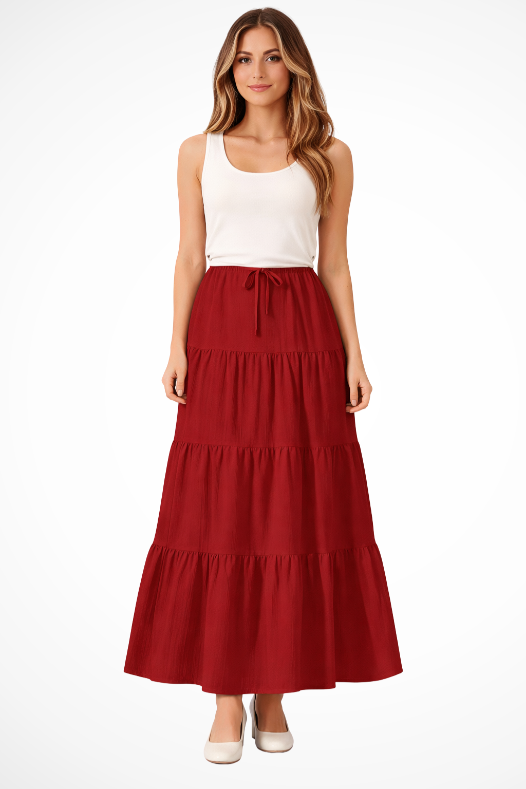 Women's Tiered Boho Maxi Skirt – Elastic Drawstring Waist Style
