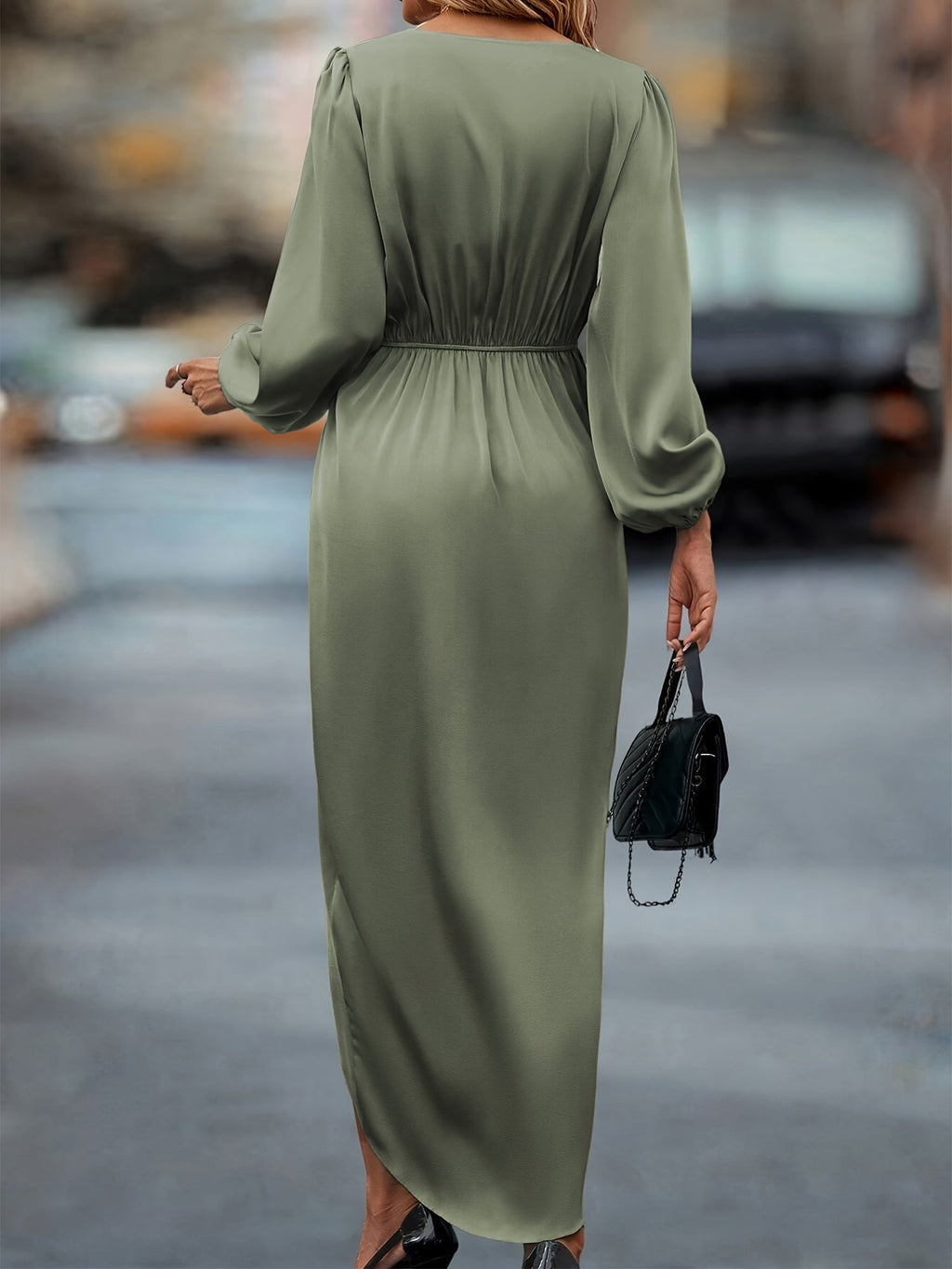 Women's Satin Balloon Sleeve Midi Dress – Asymmetric Hem Elegant Evening Gown