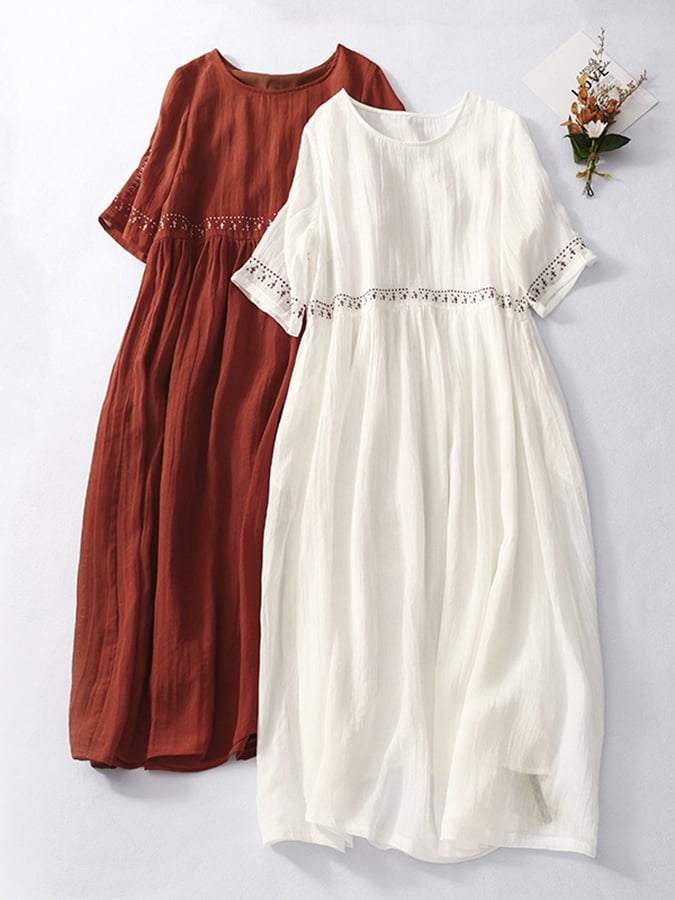 Women's White Embroidered Linen Maxi Dress – Casual Beach Summer Cover-Up
