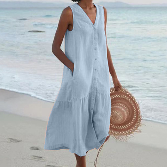 Women's Sleeveless Linen Dress – Button-Front Loose Fit Breathable Summer