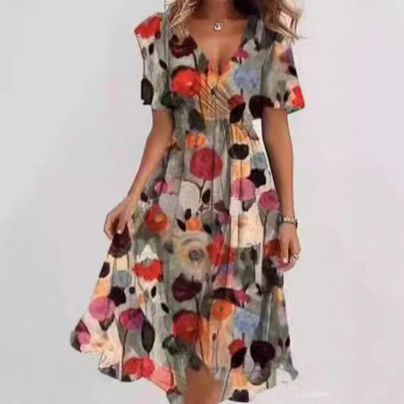 Women's Floral Wrap Midi Dress – A-Line Short Sleeve Summer