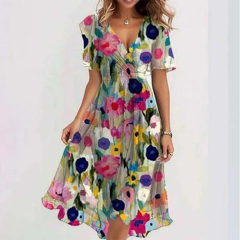 Women's Floral Wrap Midi Dress – A-Line Short Sleeve Summer