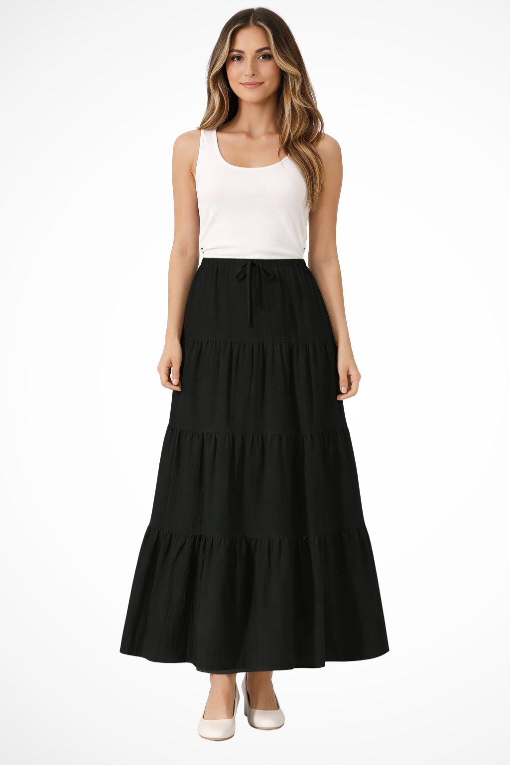 Women's Tiered Boho Maxi Skirt – Elastic Drawstring Waist Style