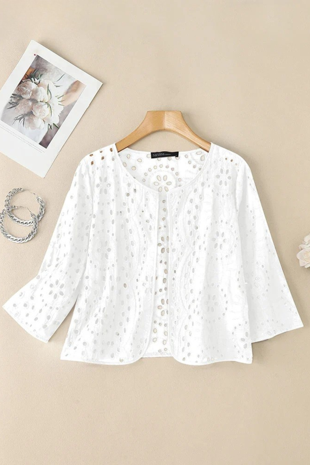 Women's Cropped Crochet Cardigan – Broderie Anglaise Detail Style