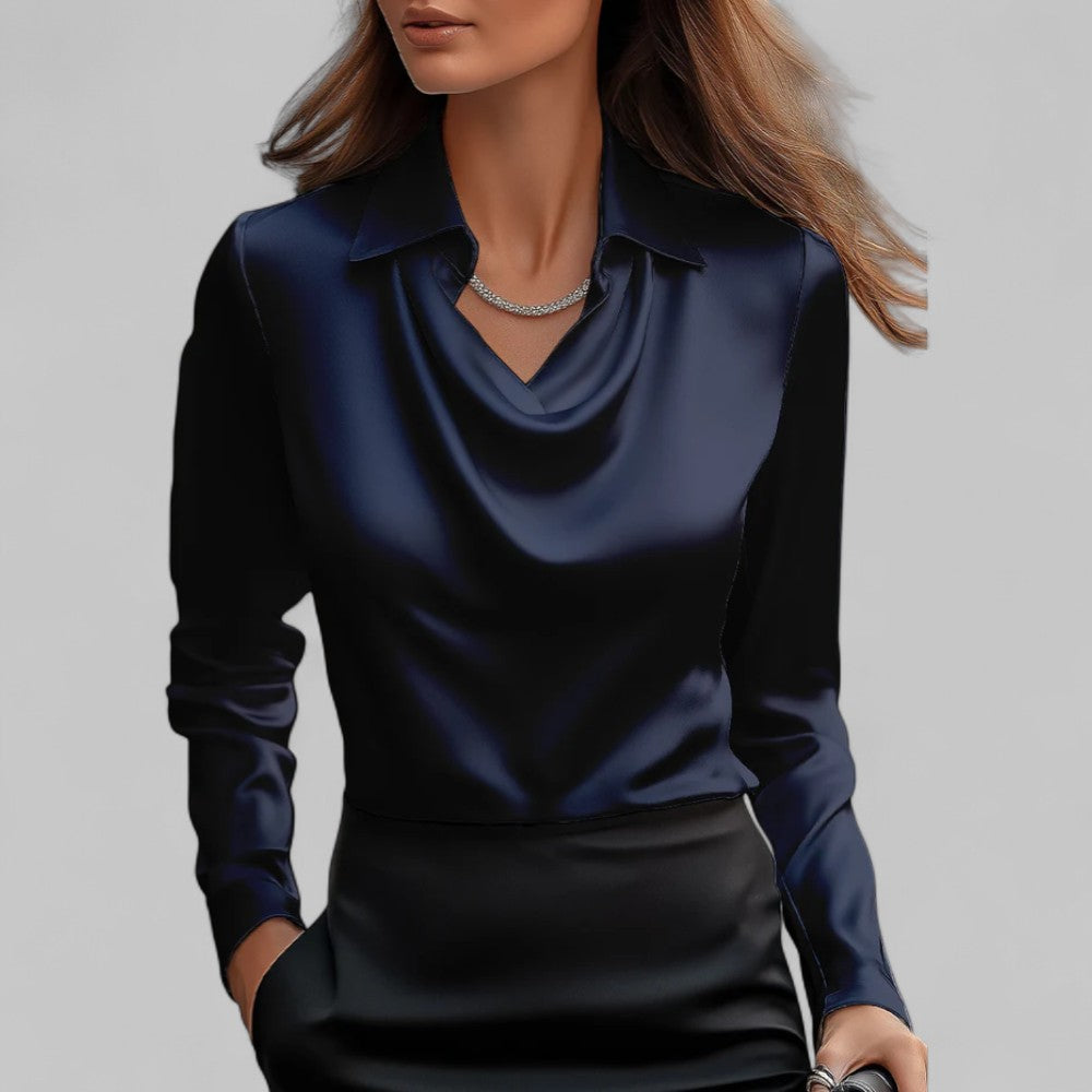 Women's Draped Neck Satin Blouse – Elegant Long Sleeve Style