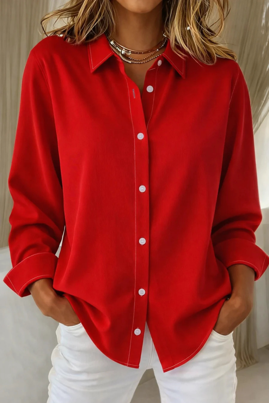 Women's Relaxed Fit Button-Down Shirt – Long Sleeve Collared Style