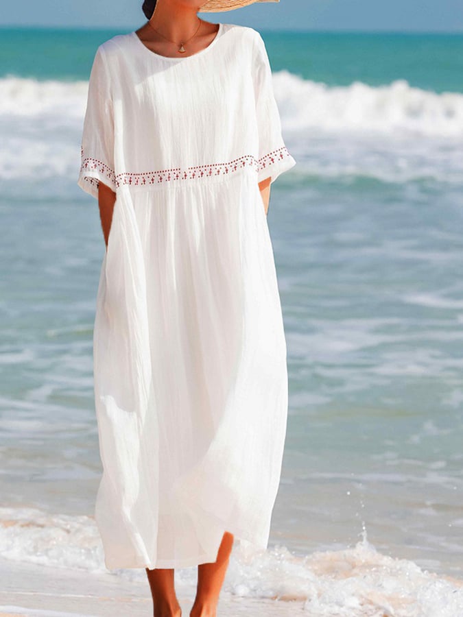 Women's White Embroidered Linen Maxi Dress – Casual Beach Summer Cover-Up