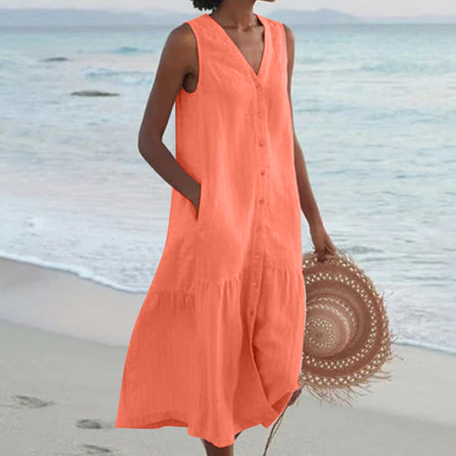 Women's Sleeveless Linen Dress – Button-Front Loose Fit Breathable Summer