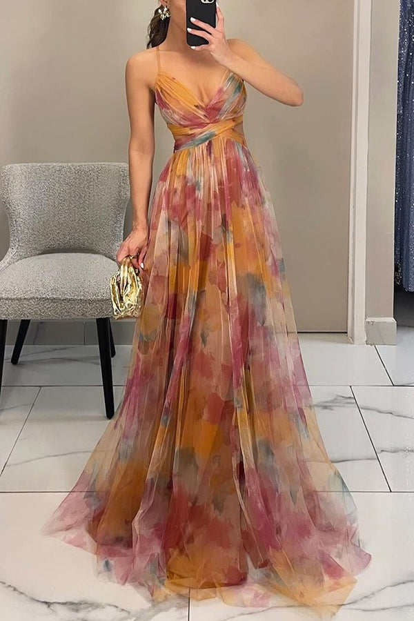 Women's Printed Maxi Dress – Elegant Lace-Up Detail Chic Long Style