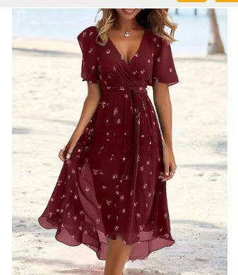Women's Floral Wrap Midi Dress – A-Line Short Sleeve Summer