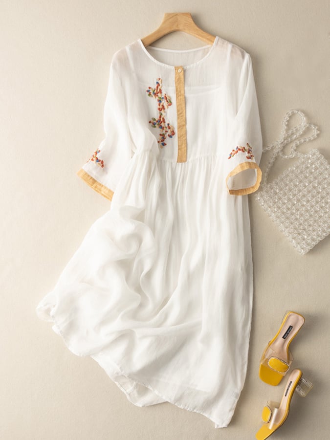 Women's Bohemian Midi Dress – Floral Embroidery Casual Elegant Style