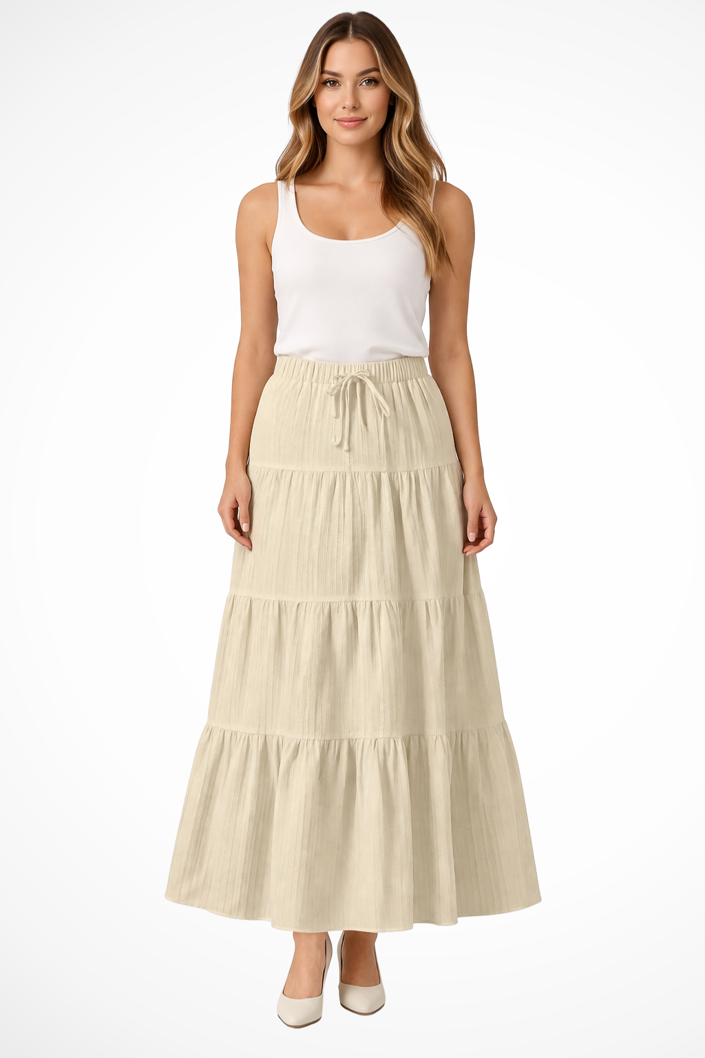 Women's Tiered Boho Maxi Skirt – Elastic Drawstring Waist Style