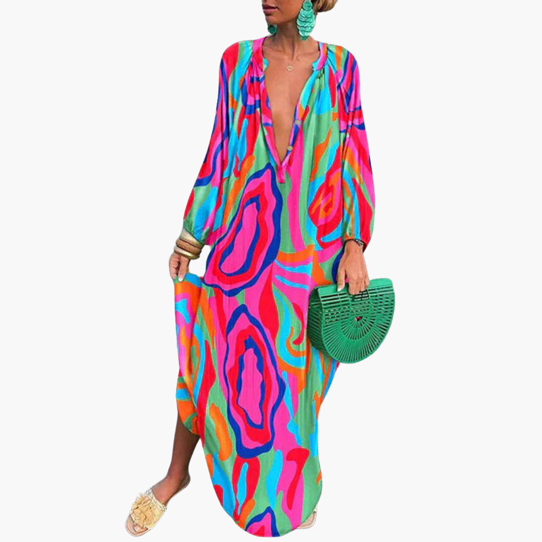 Women's Boho Maxi Dress – Green Floral Print Flowy Summer Style