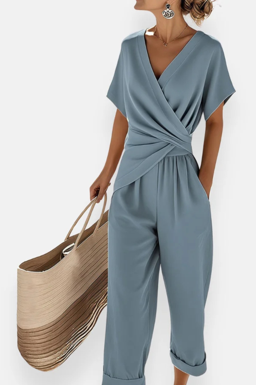 Women's Wrap Front Cropped Jumpsuit – Short Sleeve Pocket Style