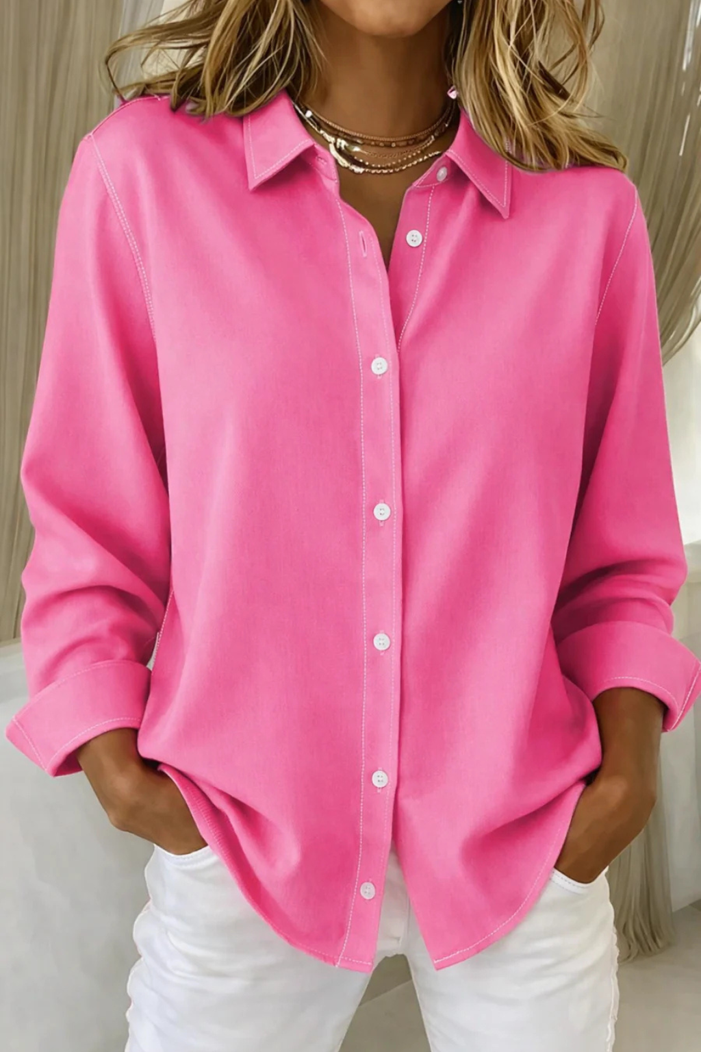 Women's Relaxed Fit Button-Down Shirt – Long Sleeve Collared Style