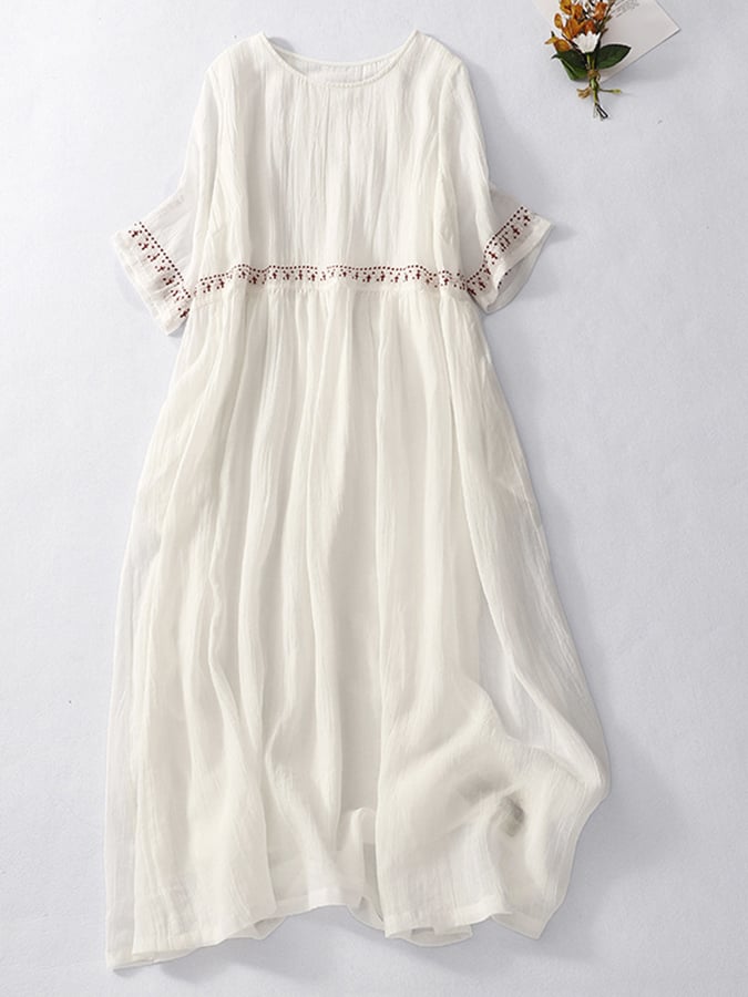 Women's White Embroidered Linen Maxi Dress – Casual Beach Summer Cover-Up