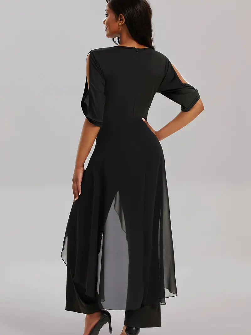 Women's Asymmetrical Hem Jumpsuit – Elegant V-Neck Occasion Style